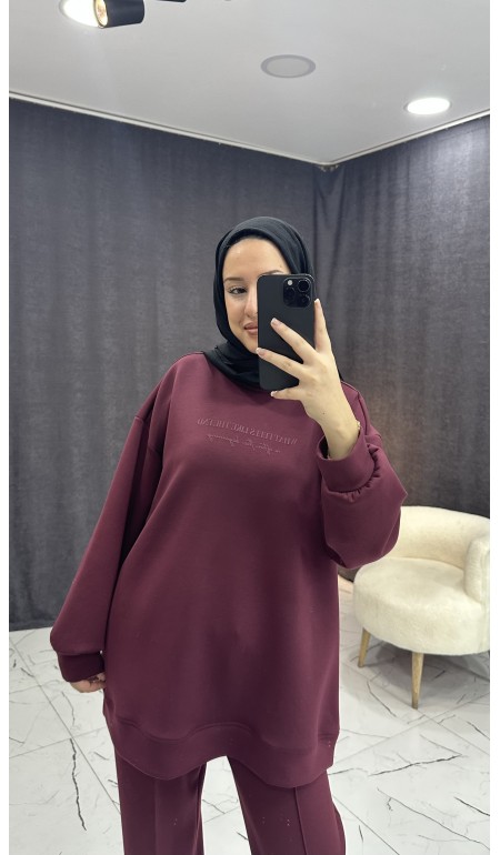 BORDO TONATON BASKILI GENİŞ PAÇALI PANTALONLU TAKIM