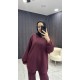 BORDO TONATON BASKILI GENİŞ PAÇALI PANTALONLU TAKIM