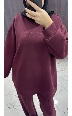 BORDO TONATON BASKILI GENİŞ PAÇALI PANTALONLU TAKIM