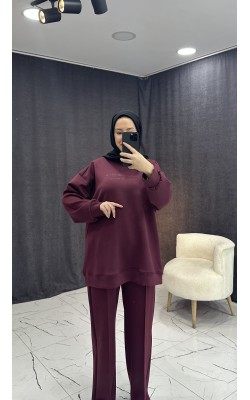 BORDO TONATON BASKILI GENİŞ PAÇALI PANTALONLU TAKIM