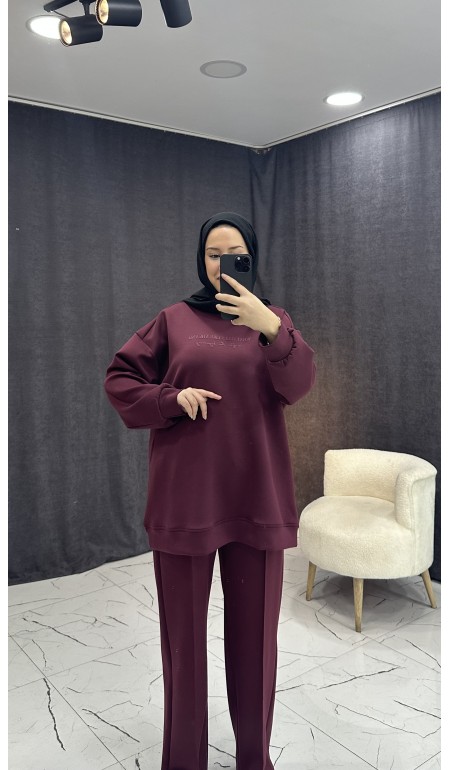 BORDO TONATON BASKILI GENİŞ PAÇALI PANTALONLU TAKIM