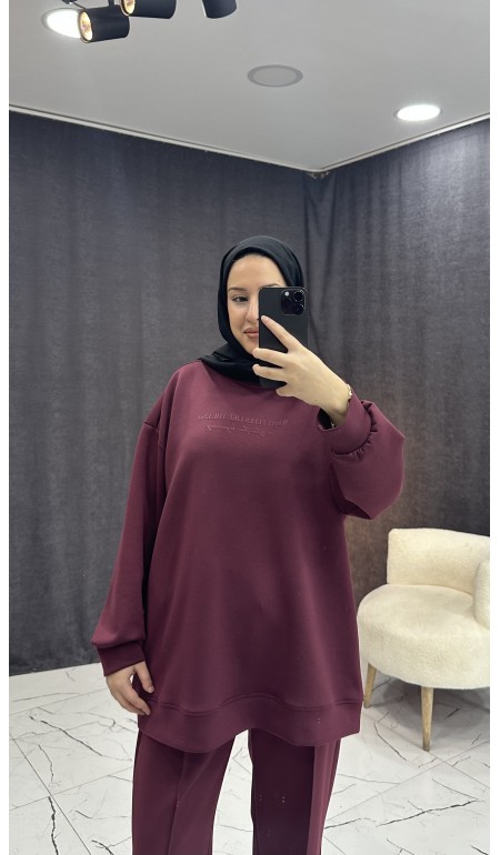 BORDO TONATON BASKILI GENİŞ PAÇALI PANTALONLU TAKIM
