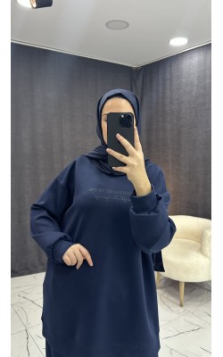 LACİVERT TONATON BASKILI GENİŞ PAÇALI PANTALONLU TAKIM