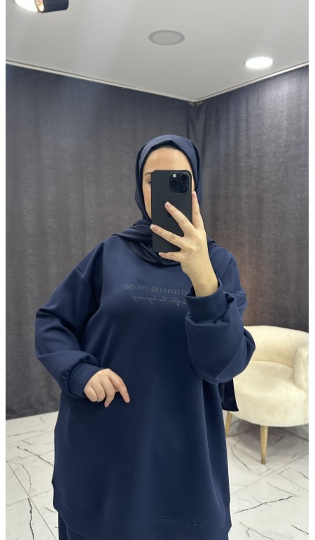 LACİVERT TONATON BASKILI GENİŞ PAÇALI PANTALONLU TAKIM