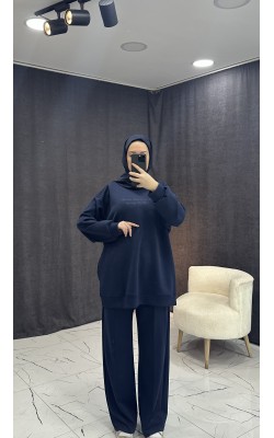 LACİVERT TONATON BASKILI GENİŞ PAÇALI PANTALONLU TAKIM