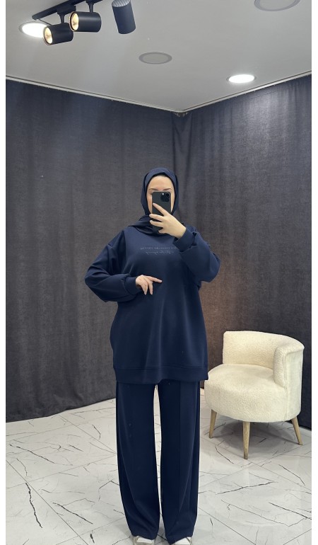 LACİVERT TONATON BASKILI GENİŞ PAÇALI PANTALONLU TAKIM