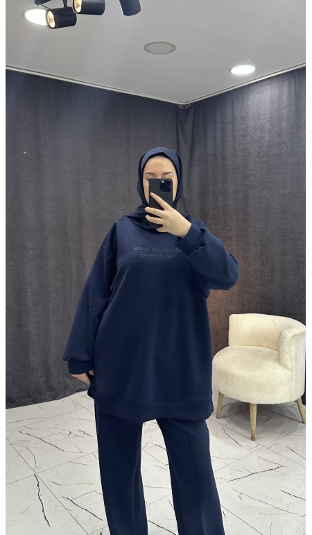 LACİVERT TONATON BASKILI GENİŞ PAÇALI PANTALONLU TAKIM