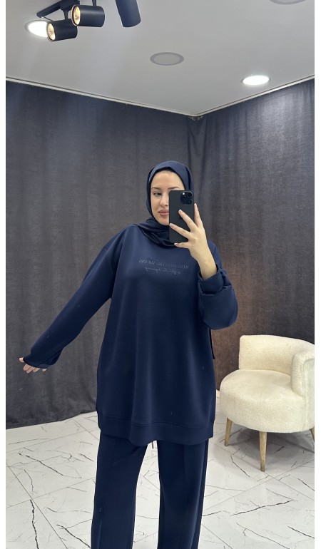 LACİVERT TONATON BASKILI GENİŞ PAÇALI PANTALONLU TAKIM