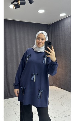 İNCİ KURDELE DETAYLI LACİVERT SWEAT