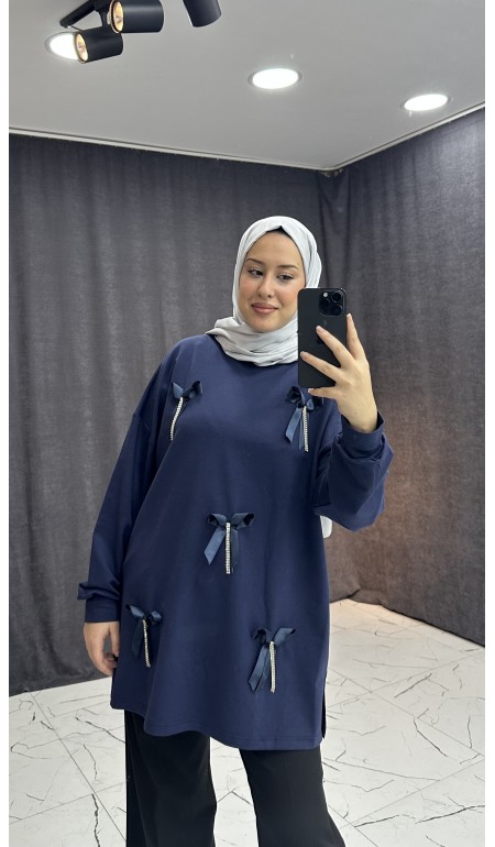 İNCİ KURDELE DETAYLI LACİVERT SWEAT