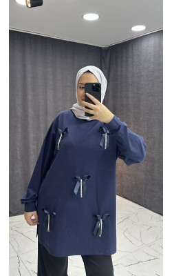 İNCİ KURDELE DETAYLI LACİVERT SWEAT