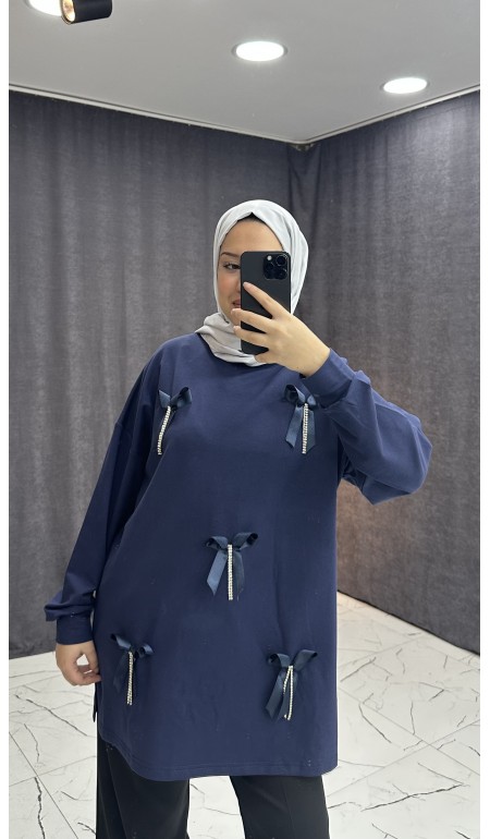 İNCİ KURDELE DETAYLI LACİVERT SWEAT