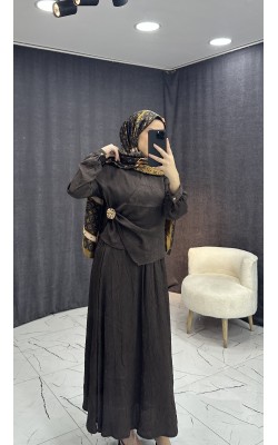 KAHVE RENGİ SATEN KRAŞLI ETEKLİ TAKIM