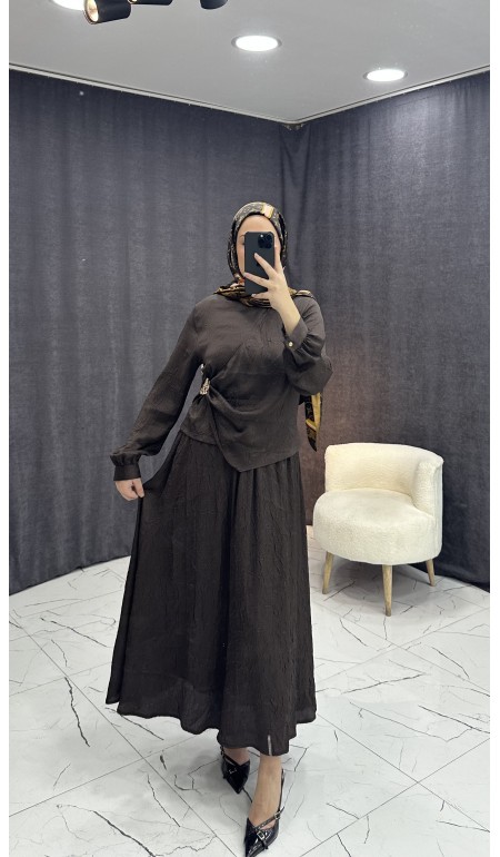 KAHVE RENGİ SATEN KRAŞLI ETEKLİ TAKIM